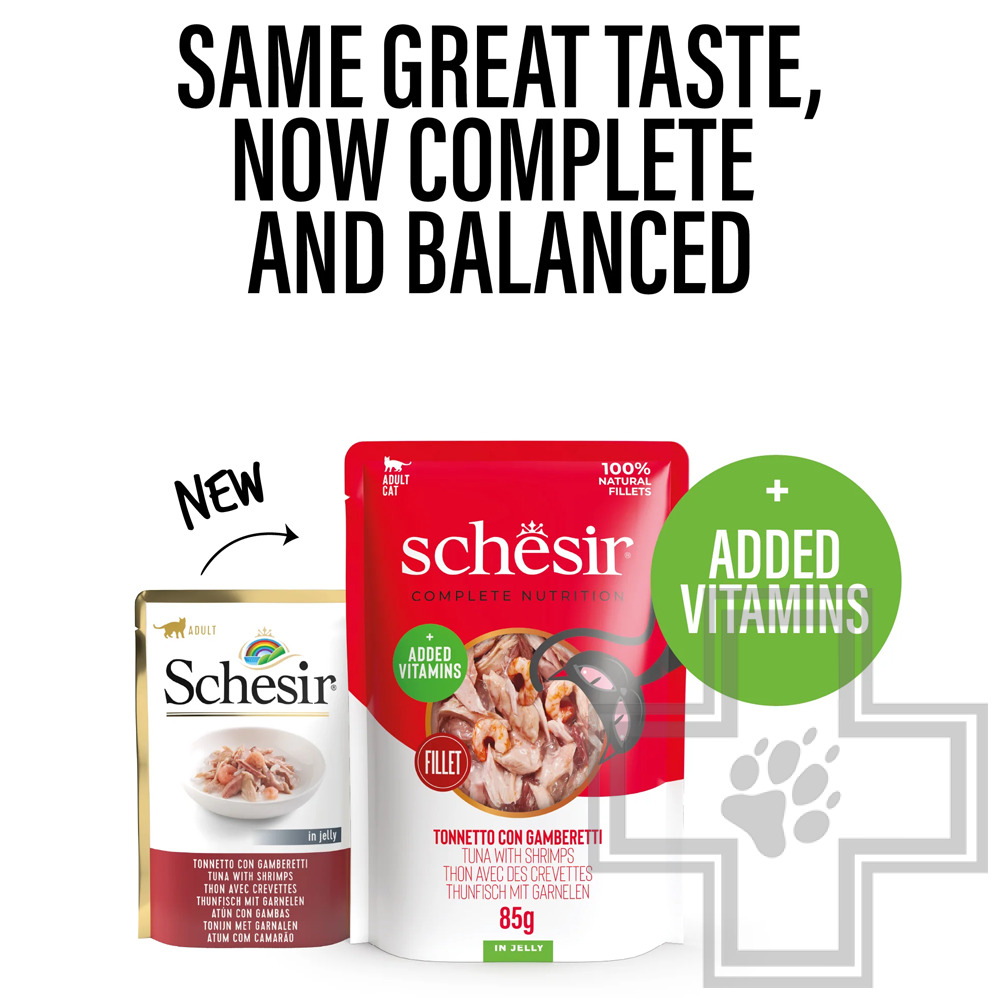 Schesir Complete Nutrition Пресервы для кошек, с тунцом и креветками в желе