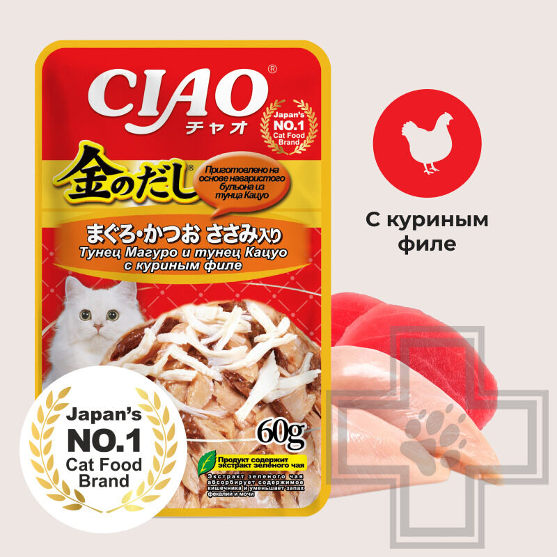 INABA CIAO Kinnodashi Пресервы для кошек, с тунцом Магуро, Кацуо и куриным филе
