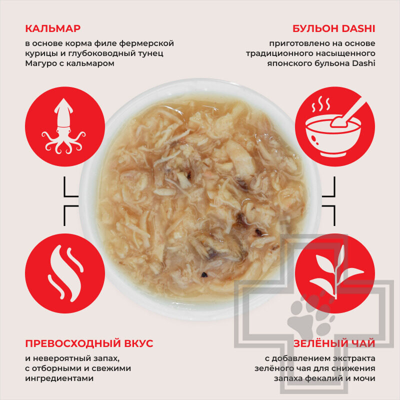 INABA CIAO Toromi Консервы для кошек, с куриным филе, тунцом Магуро и кальмаром