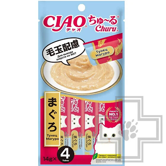 INABA CIAO Churu Функциональное лакомство-пюре для кошек для вывода шерсти, с Магуро и гребешком