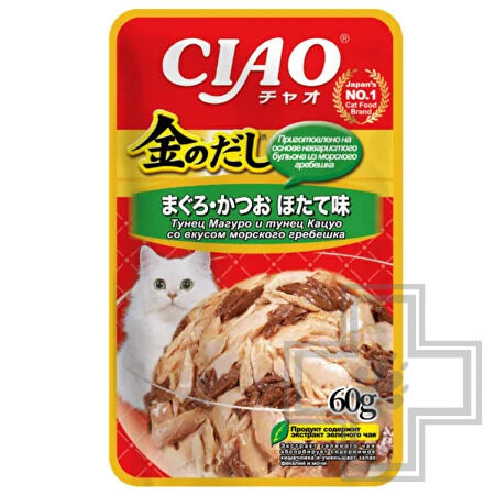 INABA CIAO Kinnodashi Пресервы для кошек, с тунцом Кацуо, Мацуо и морским гребешком