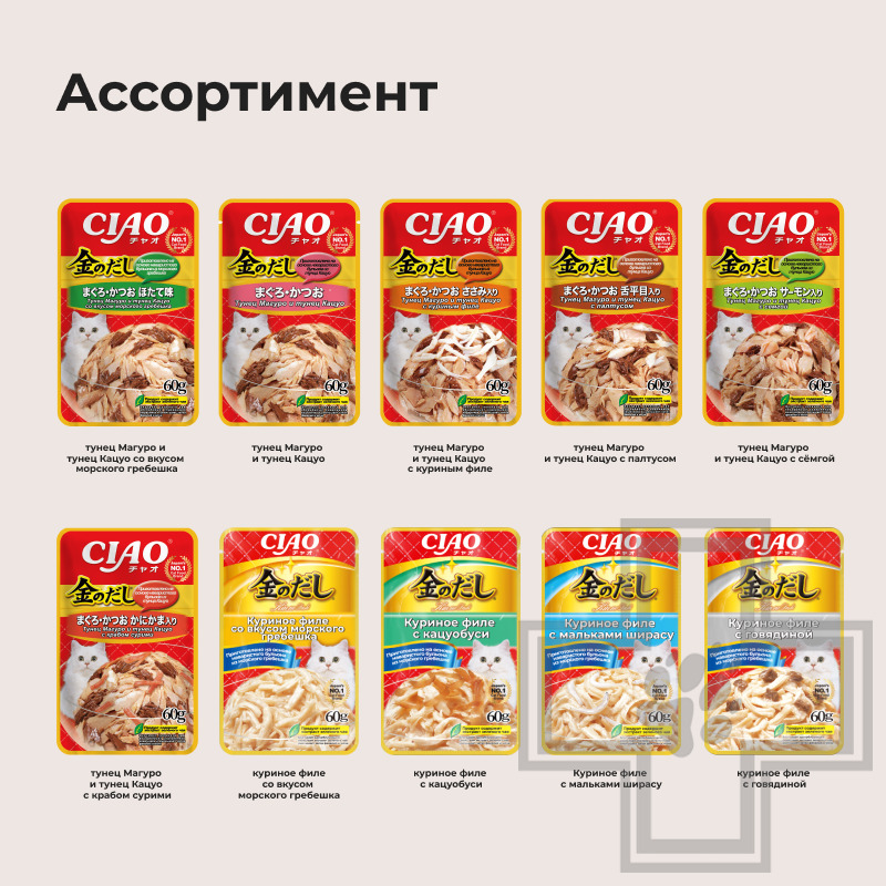 INABA CIAO Kinnodashi Пресервы для кошек, с тунцом Магуро, Кацуо и палтусом