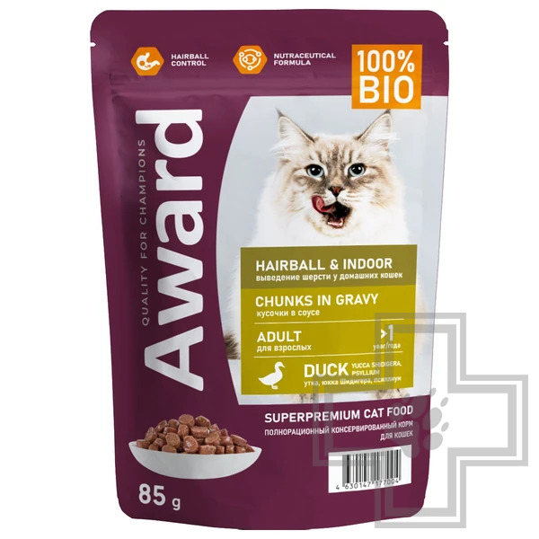 AWARD Hairball & Indoor Пресервы для выведения шерсти у взрослых домашних кошек, с уткой в соусе