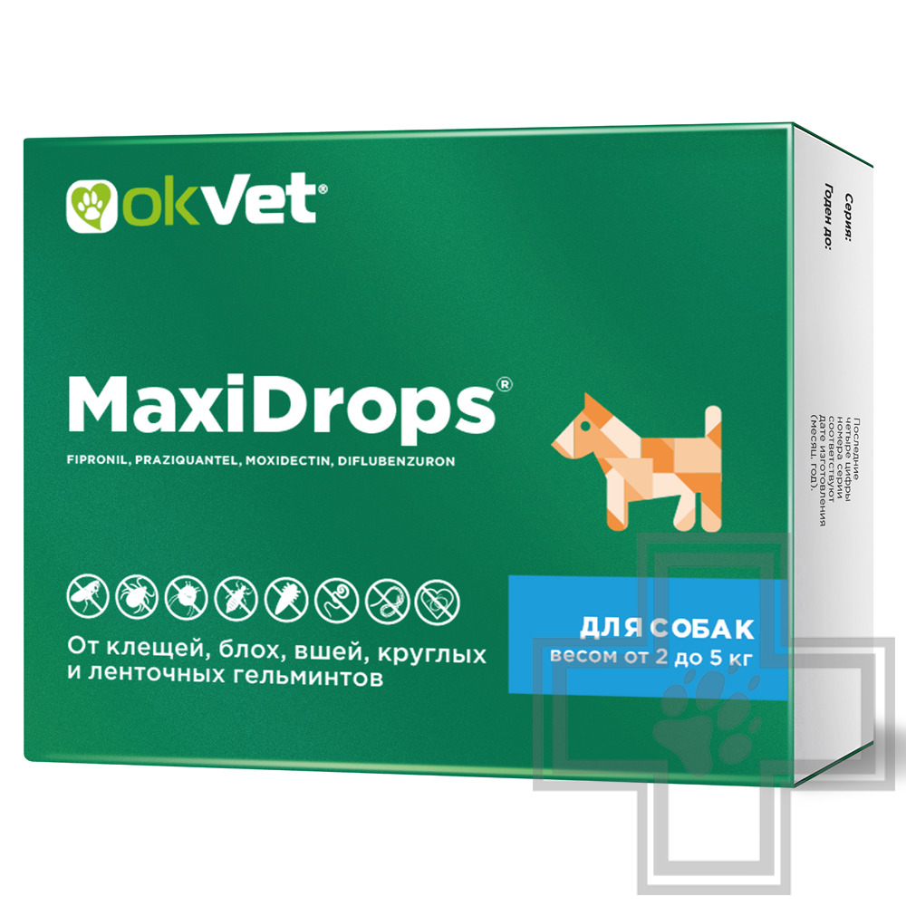 МаксиДропс Капли на холку от клещей, блох, вшей, круглых и ленточных гельминтов для собак