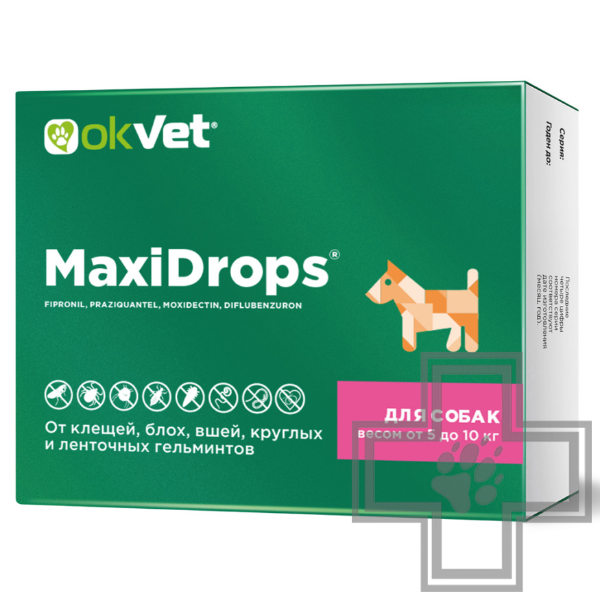 МаксиДропс Капли на холку от клещей, блох, вшей, круглых и ленточных гельминтов для собак МаксиДропс Капли на холку от клещей, блох, вшей, круглых и ленточных гельминтов для собак