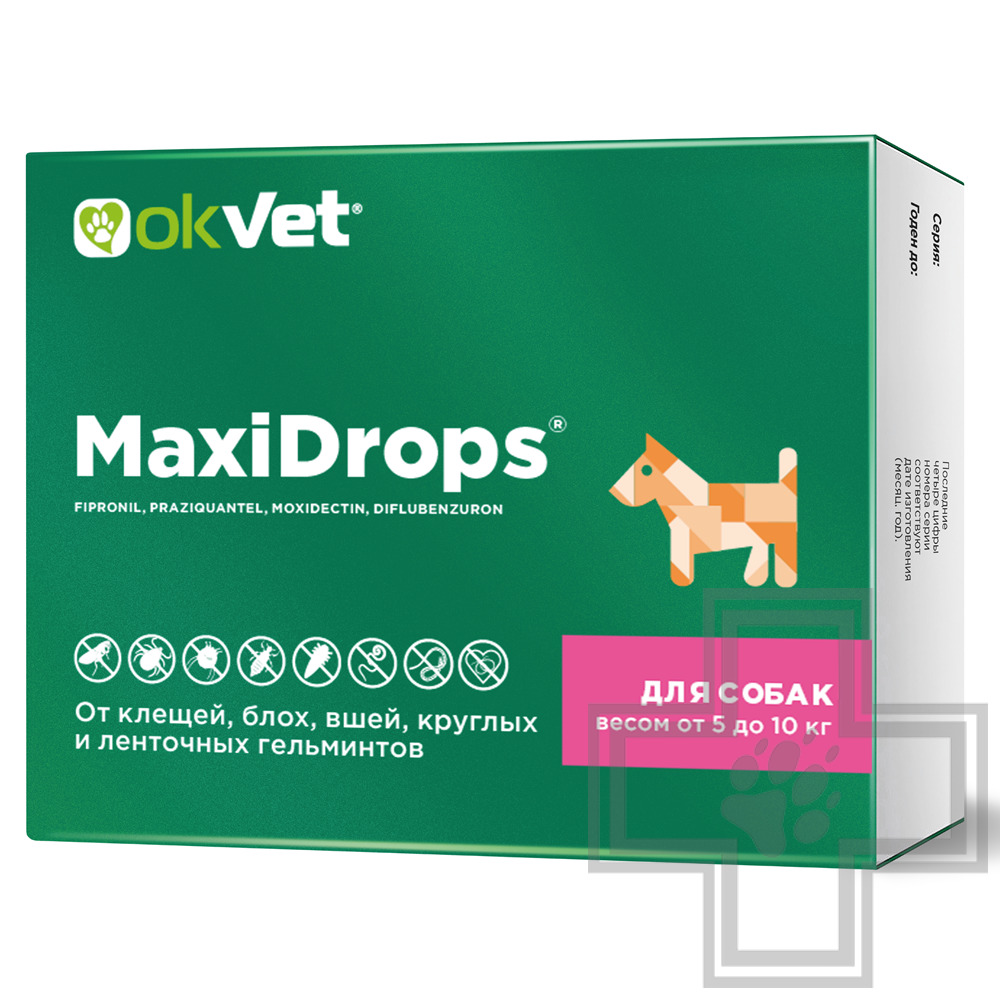 МаксиДропс Капли на холку от клещей, блох, вшей, круглых и ленточных гельминтов для собак