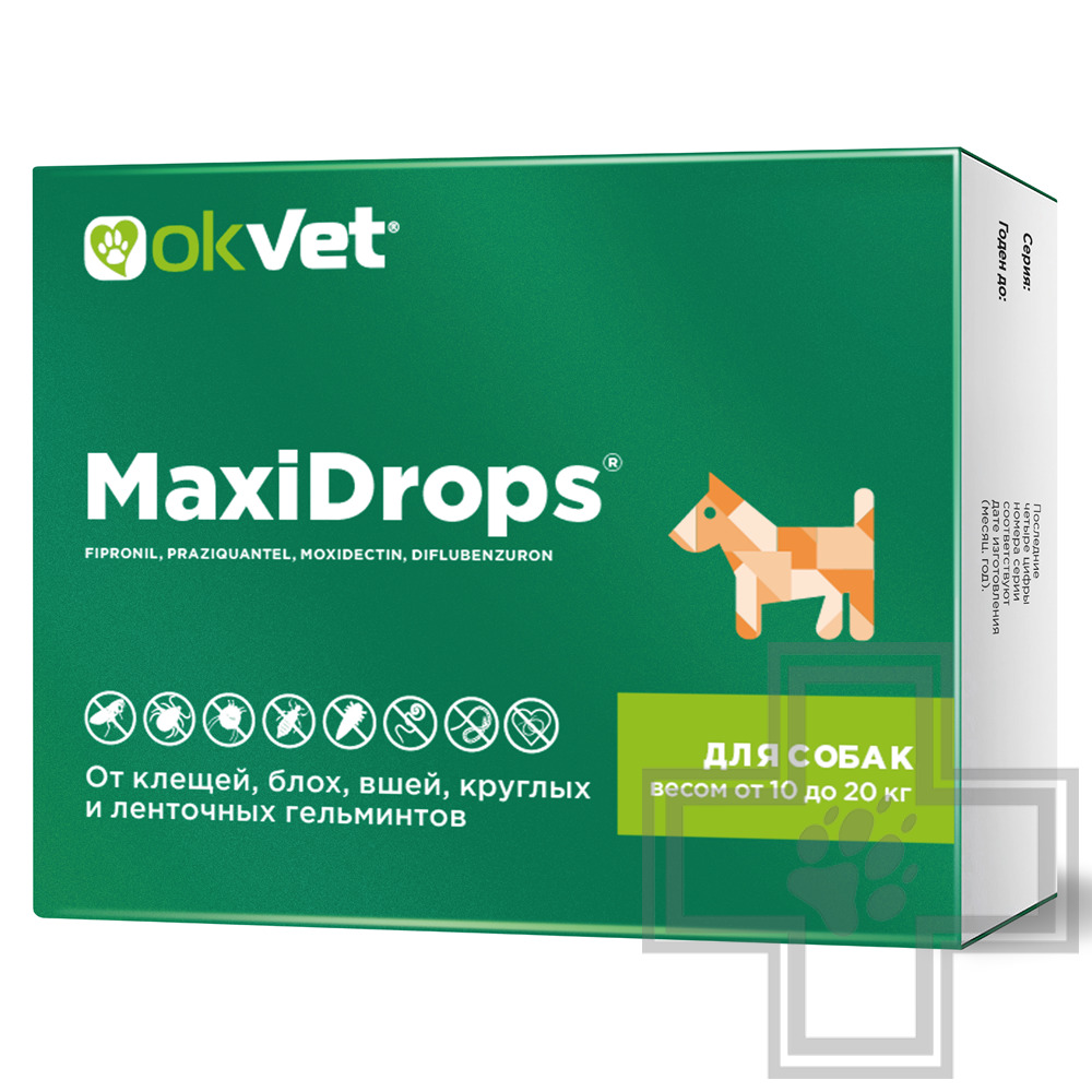 МаксиДропс Капли на холку от клещей, блох, вшей, круглых и ленточных гельминтов для собак