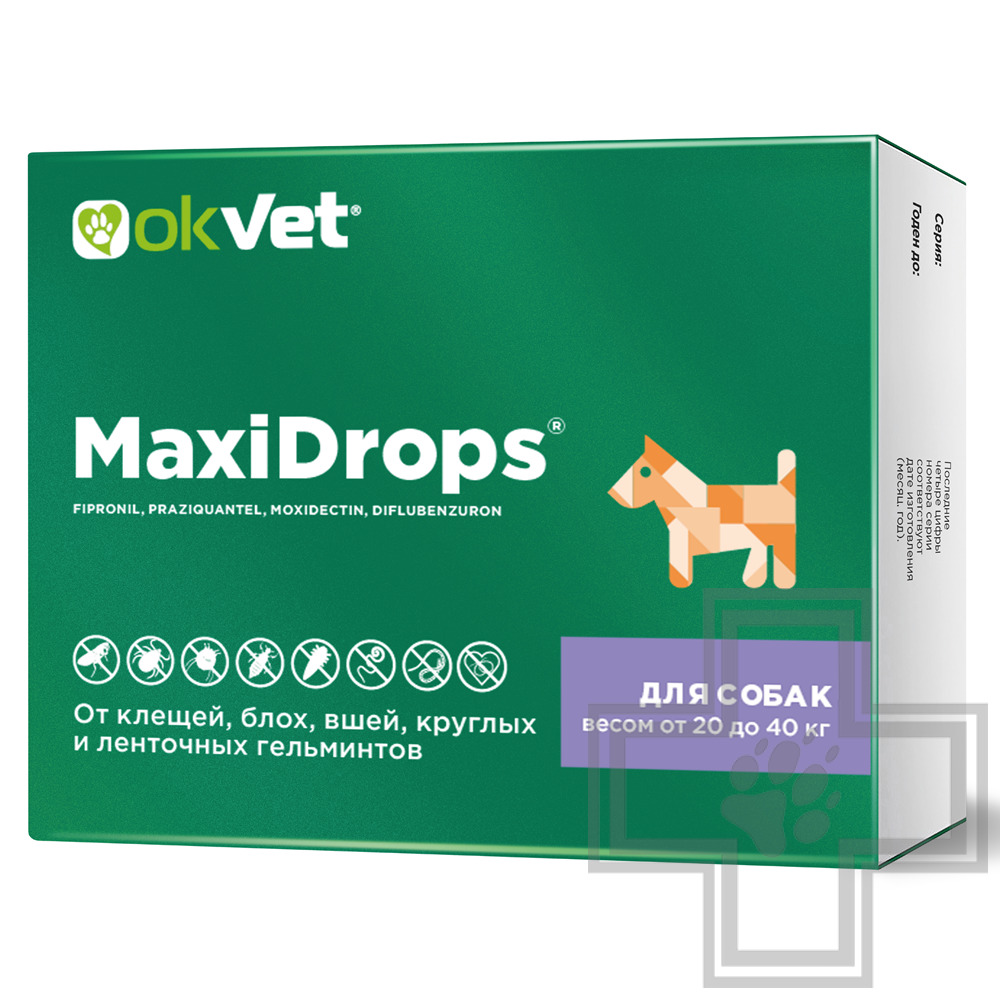 МаксиДропс Капли на холку от клещей, блох, вшей, круглых и ленточных гельминтов для собак