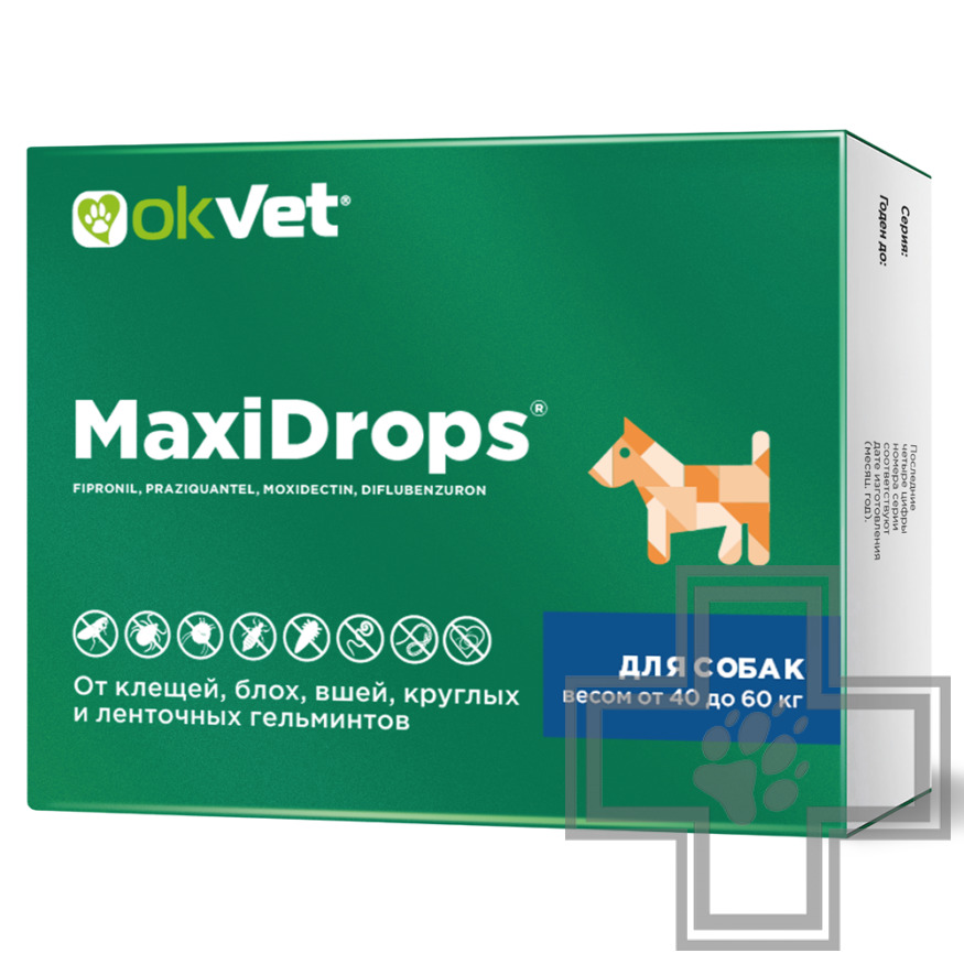МаксиДропс Капли на холку от клещей, блох, вшей, круглых и ленточных гельминтов для собак МаксиДропс Капли на холку от клещей, блох, вшей, круглых и ленточных гельминтов для собак