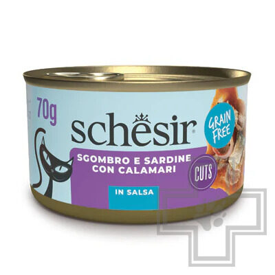 Schesir Grill Консервы беззерновые для взрослых кошек, со скумбрией, сардинами и кальмаром в соусе