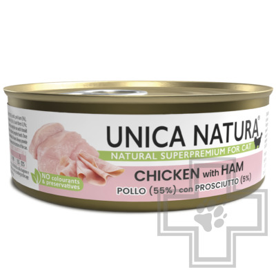 Unica Natura Консервы для взрослых кошек, с курицей и ветчиной