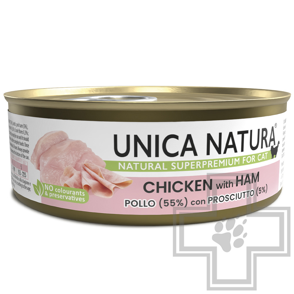 Unica Natura Консервы для взрослых кошек, с курицей и ветчиной