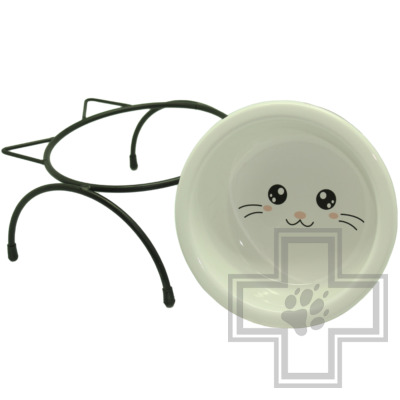 №1 Подставка с керамической миской, в форме мордочки кошки