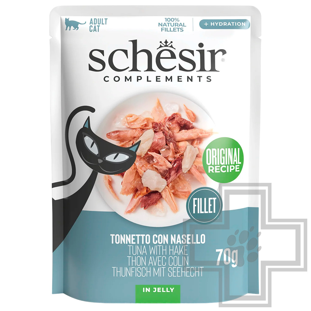 Schesir Complements Пресервы для взрослых кошек, с тунцом и хеком в желе