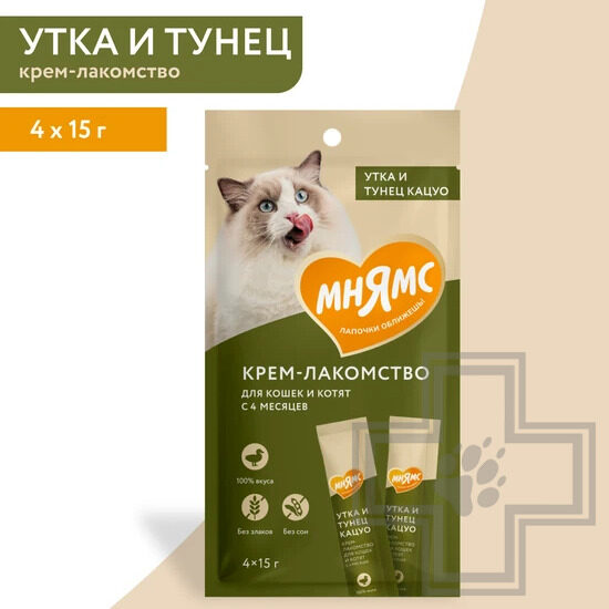 Мнямс Крем-лакомство для кошек, с уткой и тунцом Кацуо Мнямс Крем-лакомство для кошек, с уткой и тунцом Кацуо