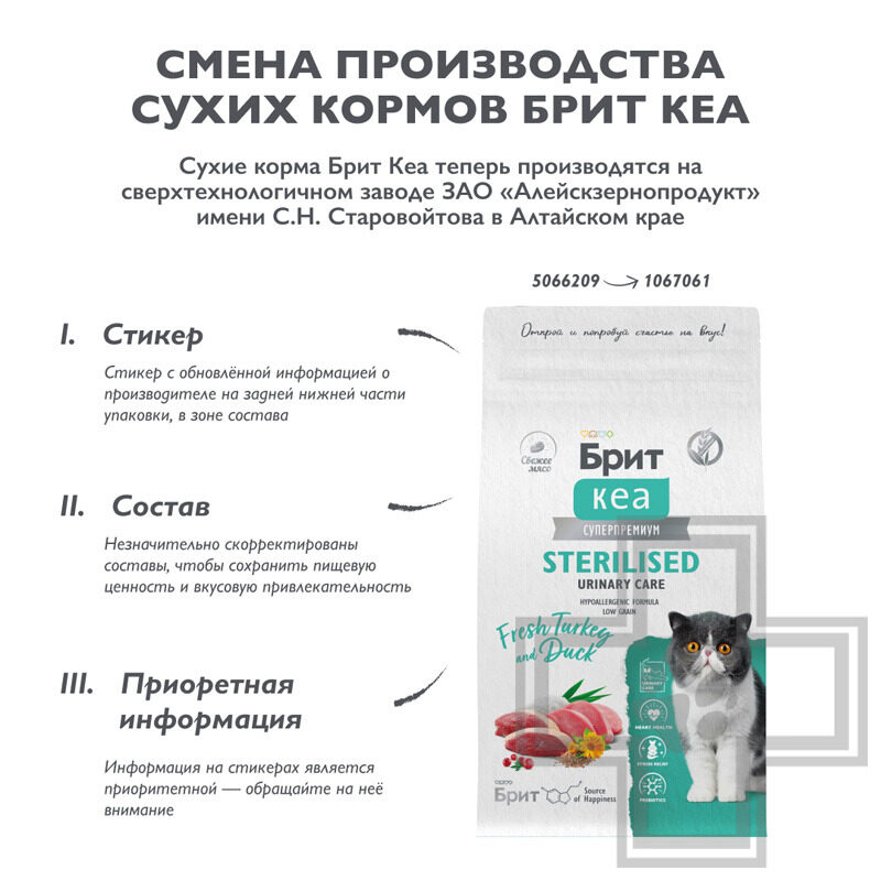 Брит Кеа Sterilised Urinary Care Корм для стерилизованных кошек и для профилактики МКБ, с индейкой Брит Кеа Sterilised Urinary Care Корм для стерилизованных кошек и для профилактики МКБ, с индейкой