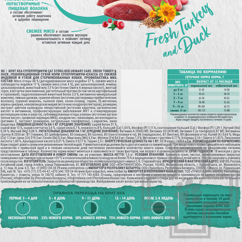 Брит Кеа Sterilised Urinary Care Корм для стерилизованных кошек и для профилактики МКБ, с индейкой Брит Кеа Sterilised Urinary Care Корм для стерилизованных кошек и для профилактики МКБ, с индейкой