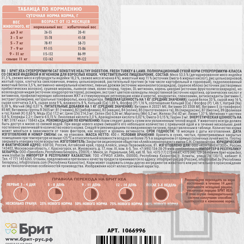 Брит Кеа Sensitive Healthy Digestion Корм для кошек с чувствительным пищеварением, с индейкой
