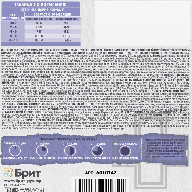 Брит Кеа Sensitive Healthy Digestion Корм для взрослых собак мелких пород с ЧП, с индейкой Брит Кеа Sensitive Healthy Digestion Корм для взрослых собак мелких пород с ЧП, с индейкой