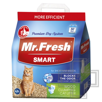 Mr. Fresh SMART Наполнитель древесный комкующийся для короткошерстных кошек
