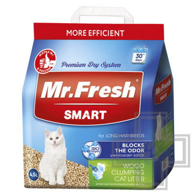 Mr. Fresh SMART Наполнитель древесный комкующийся для длинношерстных кошек