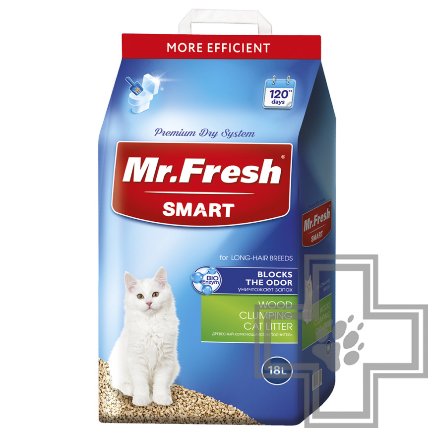 Mr. Fresh SMART Наполнитель древесный комкующийся для длинношерстных кошек