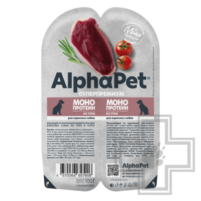 AlphaPet Superpremium MONOPROTEIN Пресервы для взрослых собак, с уткой в соусе