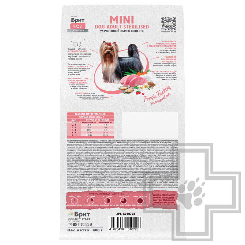 Брит Кеа Mini Dog Adult Sterilised Metabolic Корм для взрослых собак мелких пород, с индейкой