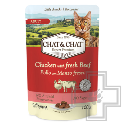 Chat&Chat Пресервы для взрослых кошек, с курицей и говядиной в желе