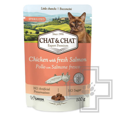 Chat&Chat Пресервы для стерилизованных кошек, с курицей и лососем в желе