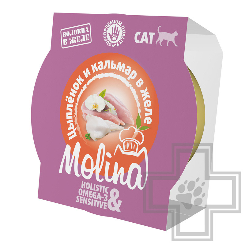 Molina Консервы для взрослых кошек, цыпленок и кальмар в желе