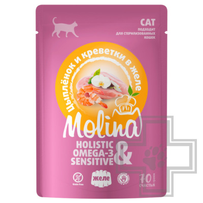 Molina Пресервы для взрослых кошек, цыпленок и креветки в желе