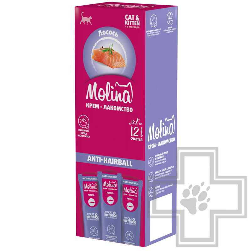Molina Anti-Hairball Функциональное крем-лакомство для выведению комков шерсти у кошек, с лососем