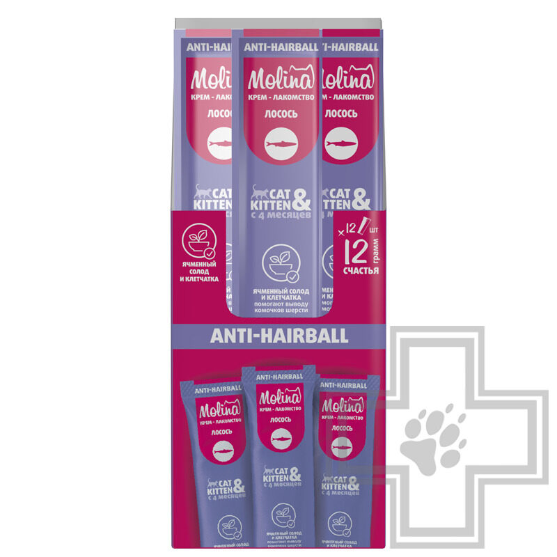 Molina Anti-Hairball Функциональное крем-лакомство для выведению комков шерсти у кошек, с лососем Molina Anti-Hairball Функциональное крем-лакомство для выведению комков шерсти у кошек, с лососем