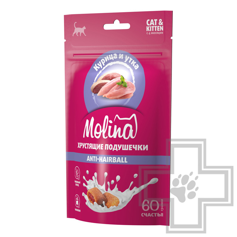 Molina Anti-Hairball Хрустящие подушечки с начинкой из курицы и утки для кошек и котят
