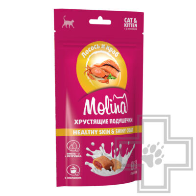 Molina Healthy Skin & Shiny Coat Хрустящие подушечки с начинкой из лосося и краба для кошек