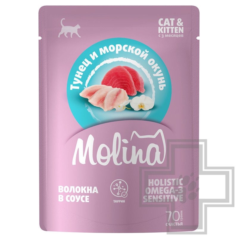 Molina Пресервы для котят и взрослых кошек, с тунцом и морским окунем в соусе