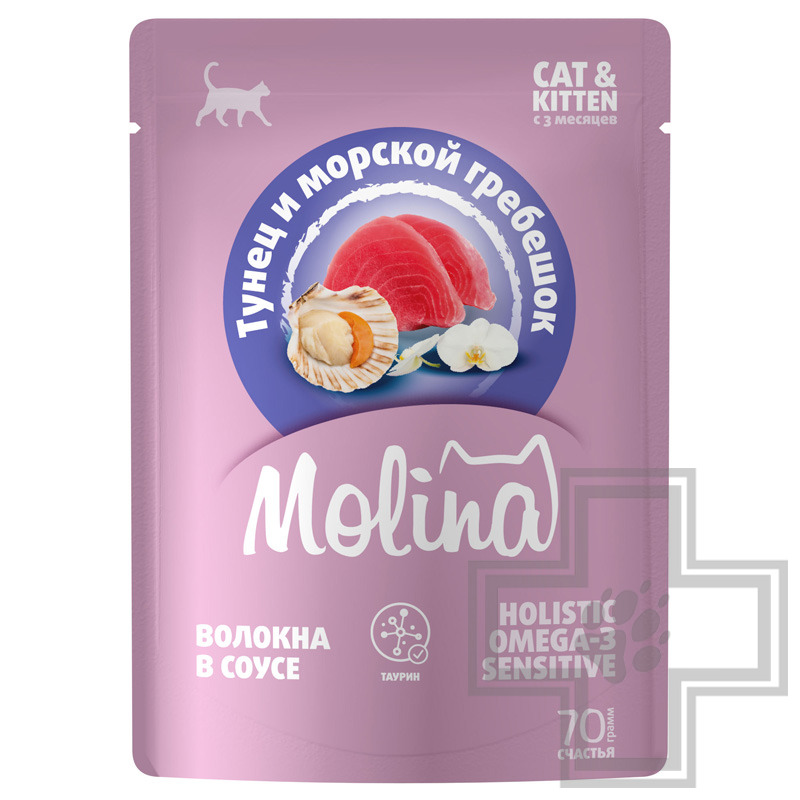 Molina Пресервы для котят и взрослых кошек, с тунцом и морским гребешком в соусе